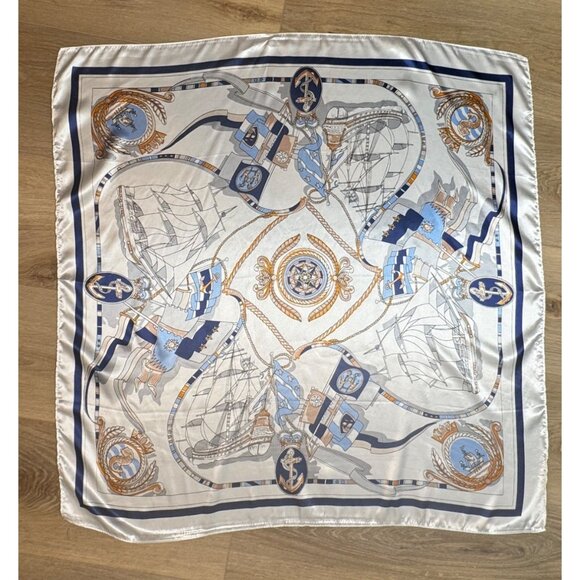 2/$30 NEW White Navy Blue Nautical Antique Gold Baroque Printed Silky Fashion - Picture 5 of 9